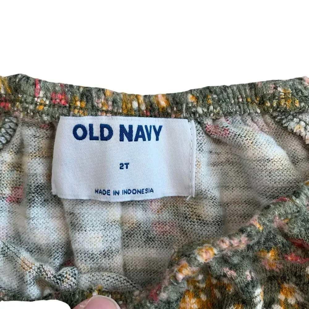 Old Navy Green and Yellow Microfloral Long Sleeve Peasant Top